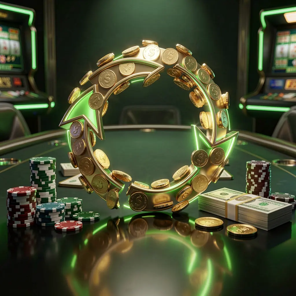 Visual bonus cashback kasino HKI8 yang menampilkan koin emas kembali dalam gerakan panah melingkar dengan chip poker dan bundel uang tunai di atas meja gelap mengilap, disorot oleh aksen hijau dan emas bercahaya dalam gaya kasino daring premium dengan pencahayaan sinematik