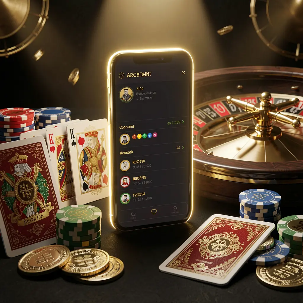 Visual portal akun kasino daring HKI8 yang menampilkan ponsel pintar bercahaya, kartu premium, chip, roda rolet, dan koin dengan latar belakang hitam dan emas serta pencahayaan sinematik dalam render 3D realistis