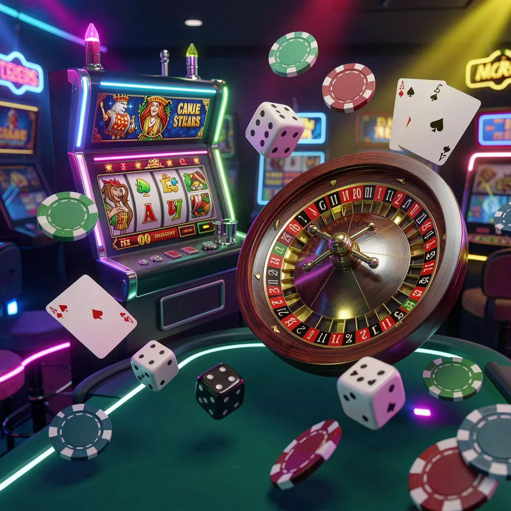 Visual beranda koleksi permainan kasino HKI8 yang menampilkan mesin slot, roda rolet, dadu, kartu remi, dan chip poker melayang bersama dengan lampu neon warna-warni dalam render 3D premium
